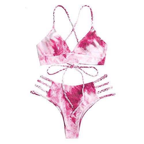 ZAFUL Women s Tie Dye Braided Straps Lace Up Two-Piece Bikini Set Plunging Collar Wire Free Padded Swimsuit Pink