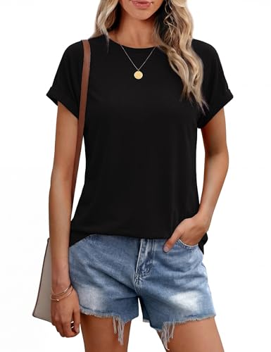 Leversic Camiseta Mujer Lisa Manga Corta – Top Casual Cuello Redondo Corte Holgado Básico de Verano Transpirable S-XXL(Negro,M)