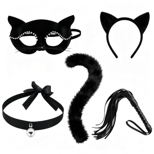 5 Pièces Costume Chat Noir, Costume Halloween Femme Accessoires