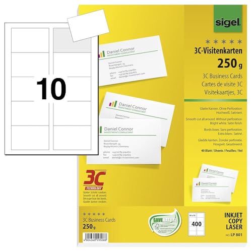 Tarjetas de visita blancas Sigel 250 g para imprimir en casa o la oficina