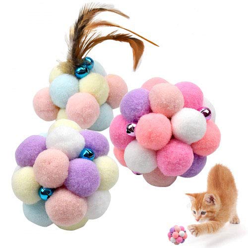 HQdeal 3PCS 8.5cm Colorful Cat Balls with Bell, Feather Shuttlecock Pet Cat Toy, Training Playing Chewing, Plush Ball, Cats Colorful Elastic Ball, Cat Interactive Toys for Cats Kitten Indoor Outdoor