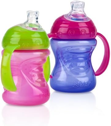 Nuby Plastic 2-Pack Two-Handle No-Spill Super Spout Grip N' Sip Cups, 8 Ounce, Pink and Purple