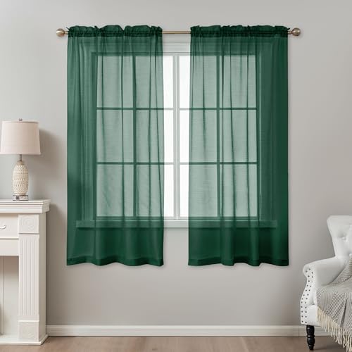 Image of Green Sheer Curtains 63 Inch Length, Privacy Semi Sheer Curtains for Living Room Bedroom, Light Filtering Rod Pocket Voile Window Drapes 2 Panels Set, Each 42 inch W x 63 inch L