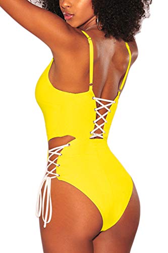 Almaree Woman Deep V Neck Criss Cross High Waist Bathing Suit 1 Piece Bikini Yellow S - Thumbnail 2