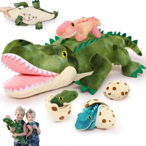MorisMos Plush Alligator Stuffed Animal with Babies,23.6'' Mommy Stuffed Alligator with 3 Baby Crocodile Animals & 3 Plush Eggs,Lifelike Crocodile...