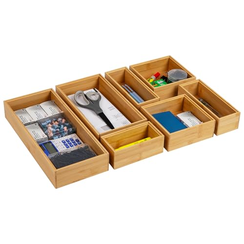 Mind Reader 7-Piece Bamboo Drawer Organizer Set, Storage Trays for