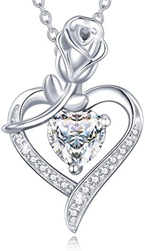 FANCIME 925 Sterling Silver Heart Necklace with Rose Birthstone Pendant with Genuine/Created Gemstones Valentine's Day Birthday Present Jewellery Gifts for Women Girls Her - Adjustable Chain:16+2 Inch