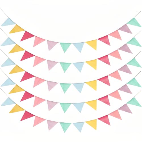 Lot de 5 guirlandes de fanions d'extérieur - En lin - Multicolore - Triangle - Pour chambre d'enfant - Pour mariage, fête, anniversaire, fête dans le jardin (12 fanions/chaque guirlande) Cover