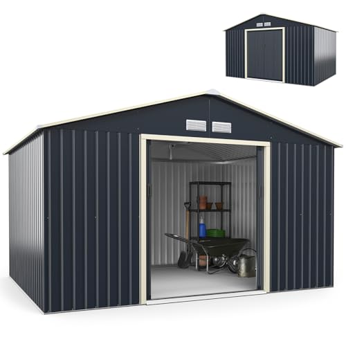 COSTWAY Abri de Jardin Métal 2 Portes Coulissantes Verrouillables, 4 Trous d’Aération, Toit Penché, Cabane Jardin Exterieur Gris pour Vélo, Poubelle, 340...