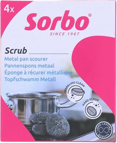 Sorbo Metal Pan Scourers 4 Pack, Metallic Steel Wool Pads for Tough Grease & Stubborn Residue, Extra Strong & Durable Scrubbers for Kitchen, BBQ, Oven, and Pots & Pans Cleaning