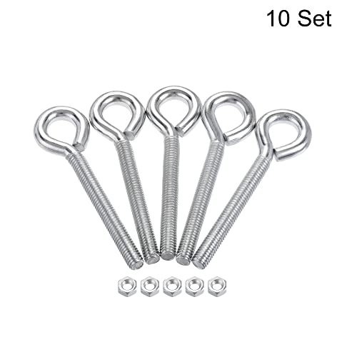 Image of uxcell M6x50mm Eye Hooks Screws Bolts Kit, 10pcs Carbon Steel Hanger Eyelet Hooks Screw with Hex Nuts for Metal Hook, Wood Terminal Ring Hooks