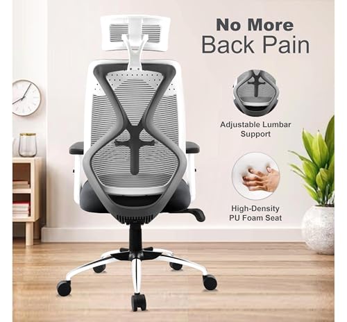 Image of Ergonomic Office Chair for Home & Office | Adjustable Headrest, Armrests & Lumbar Support | Mesh Back | Tilt Lock Mechanism | Heavy Duty Chromium Metal Base, Grey