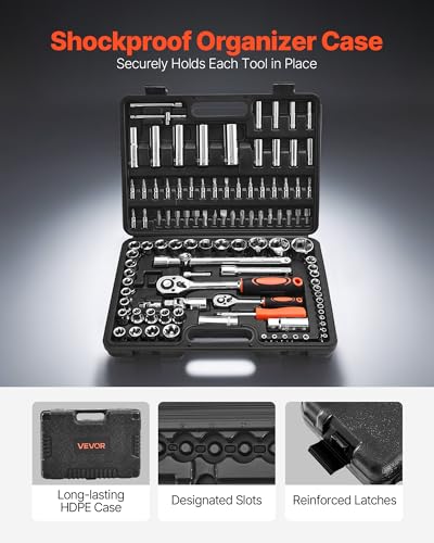 Image of VEVOR Socket Set, 108 Pieces, 1 /4 & 1 /2 inch Drive Socket and Ratchet Set, Metric Size from 4 to 32 mm, Mechanic Tool Kit with Bits, Accessories, Storage Case, CR-V Alloy Steel, for Automotive Repair