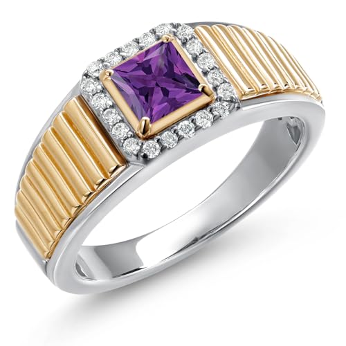 Gem Stone King Princess Cut Ring For Men | 925 Silver and 10K Yellow Gold | 5MM Princess Cut Gemstone Birthstone and 1.2MM Round White Lab Grown Diamond | Available in Size 7-13