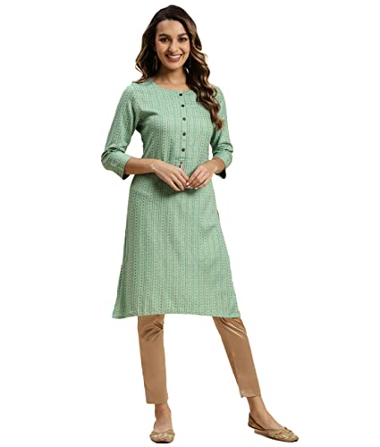 Image of rangita Mint Green Rayon Knee Length Striped Straight Kurti for Women | Kurta for Women