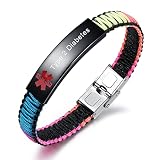 JF.JEWELRY Type 2 Diabetes Medical ID Bracelet for Women | Customized Black and Rainbow Nylon Braide