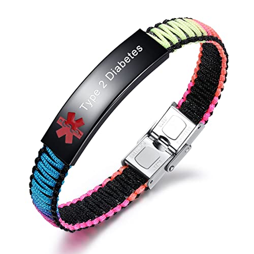 Jf.jewelry Type 2 Diabetes Medical Id Bracelet For Women | Customized Black And Rainbow Nylon Braided Medical Alert Emergency Bracelet For Girls (Bz-Yx011Br-T2) #TOP7
