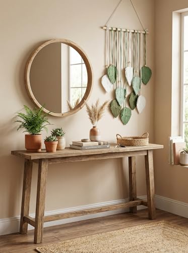 Image of JH Gallery Handmade Macrame Leaf Wall Hanging - Boho Cotton Tapestry with Wooden Beads for Elegant Bedroom, Living Room & Balcony Decor(Green and White)