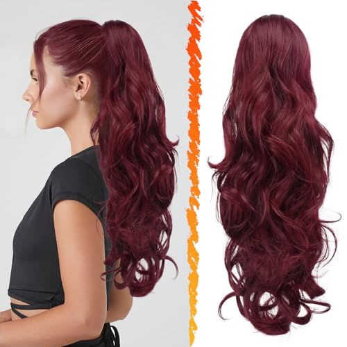 BARSDAR Coleta Postiza con Cordón, 50cm Ondulado Rizado Cola de Caballo Extensiones Coleta para Mujeres Sintético Clip in Postizos de Pelo Cola de Caballo Extensiones de Cabello - Rojo