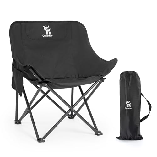 QUNATURE Portable Camping Chair, 60cm Wide Seat Folding Chair with Lumbar Support, 265LBS Capacity Heavy Duty with Storage Bag for Outdoor Hiking Beach Picnic, Black