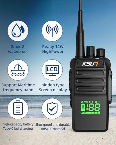 KSUN P88 Handheld Marine Radio Floating IP68 Waterproof, Portable Marine Two-Way Radio, International Marine Channels 136-174 MHz LED Screen for Safe Boating, Vibration Drainage, Backlit, Boat Radio