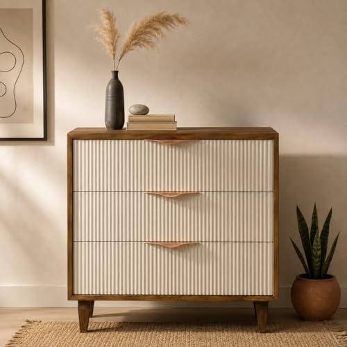 Image of Solid Wood Rodondo Chest of Drawers | Drawer Chest with 3 Drawers | Wooden Drawer Storage Cabinet | Finish- Premium Off White and Light Brown