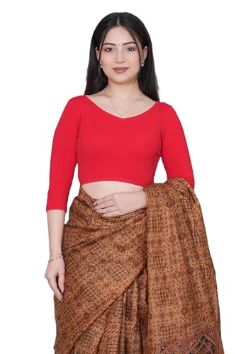 Image of Mlada V-Neck Stretchable Saree Blouse Top for Women | Slim Fit 3 /4th Sleeves Solid Cotton Blouses | Readymade Saree Blouses for Women Festive & Ethnic | Blouse Crop Top