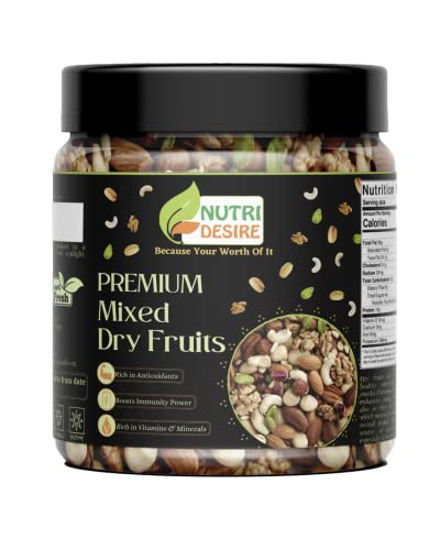 Image of Nutri Desire Mix Dry Fruits Mix Dry Fruits and Nuts 250 gm [Almonds, Pistachios, Cashew, Kishmish, Apricot, Black Raisins] Healthy Dry Fruits & Nuts [Jar Pack]