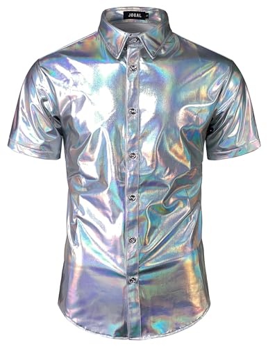 JOGAL Men's 70s Disco Shiny Metallic Gold Silver Short Sleeve Button Down Shirt2