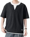 [Bligo] メンズ tシャツ 夏服 半袖 大きいサイズ 重ね着風 ゆったり おしゃれ vネック 流行りの服 シンプル 通気性 柔らかい 吸湿 薄手 夏涼しい プレッピー 無地 人気 快適 韓国風 ペアルック 春秋 高校生 Black-XL