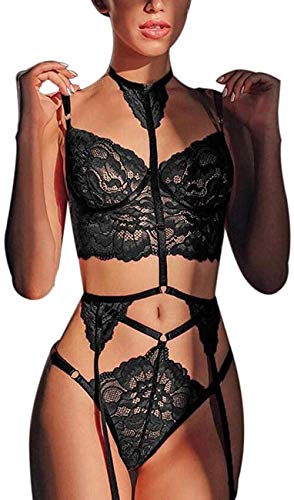 Erotic Lingerie Women s Erotic Lingerie Sets 3 Pcs Women Sexy Lingerie Set See -Through Lace Spaghetti Strap Vest High-Waist T-Back Panty + Garters Belt with Choker Bodysuit-Beige_L