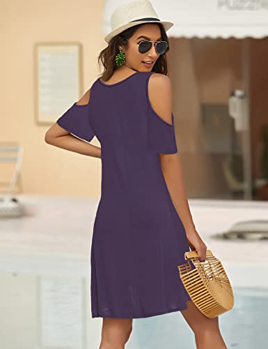 Image of Bluetime Women Cold Shoulder Summer Dress Short Sleeve Beach Casual Loose Swing Dress