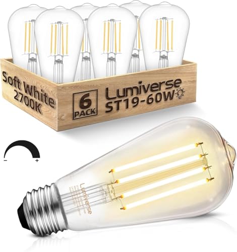Lumiverse - Lumiverse Dimmable Vintage LED Edison Bulbs CRI 95+, 60W Equivalent Dimmable Light Bulbs, 2700K Soft White, Antique Style ST19/ST58 LED Filament Bulbs, E26 Base LED Bulb 5.5W, Clear Glass, Pack of 6