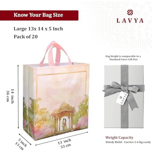 Image of Lavya Large Size Pack of 20 Pcs Wedding Return Gift Bags | Reusable Non-Woven Matt Finish Metallic Laminated | Jewellery, Sweets, Festival Party, Saree, Carry Bag (Golden Mandap, L-13x14x5)