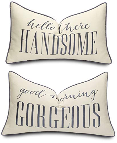 ADecor Hello Handsome Good Morning Gorgeous Set of 2 Pcs Embroidered Lumbar Decorative Accent Throw Pillow Cover - Bedroom Decor, Gift for Newlyweds - 12x20 Inches, Tan