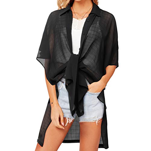 RUUHEE Women Button Down Swim Cover up Side Split Half Sleeve Shirt