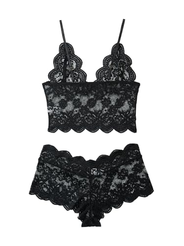 Image of Lilosy Sexy Sheer Floral Lace Pajamas Lingerie Set High Waist Sleepwear Bra and Panty 2 Piece Nightwear