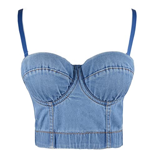 ELLACCI Women's Denim Bustier Crop Top Jean Corset Top Bra with Detachable Straps2