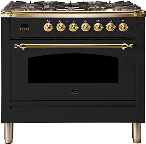 Ilve UPN90FDMPM 36 Nostalgie Series Dual Fuel Natural Gas Range with 5 Sealed Brass Burners 3 cu. ft. Capacity True Convection Oven with Brass Trim in Matte Graphite