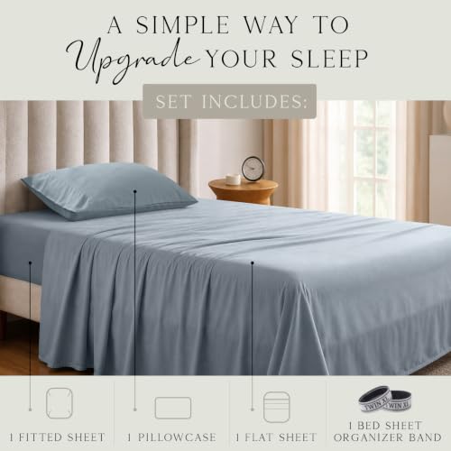 Image of KARISSA MAE Luxury Bamboo Viscose Twin XL Size Sheet Set | FSC Certified | Cooling | Ultra Soft | 18 inch Deep Pockets | Elastic Corner Straps | Includes Organizer Band [Chambray Blue]