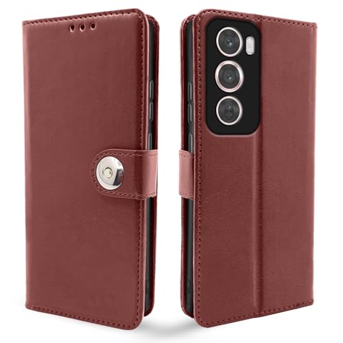 Image of Pikkme Flip Cover Leather Finish | Inside TPU with Card Pockets | Wallet Stand and Shock Proof | Complete Protection Button Flip Case for Oppo Reno 12 Pro 5G (Brown)