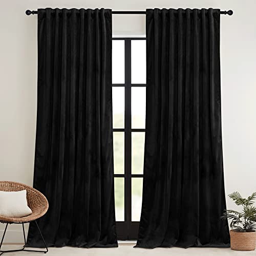 Image of RYB HOME Black Velvet Curtains 108 inch, Blackout Window Curtains with Pleat Tape on Top for Bedroom Thermal Insulated Privacy Ceiling Drapes for Living Room, W52 x L108 inch, 2 Panels | Blackout, Thermal Insulated, With Multiple Hanging Options, Loft Apartment Living Room Window, W52 x L108, Grey, 2 Panels