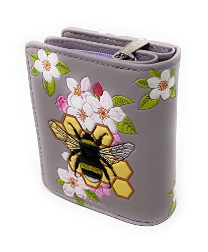 Shag Wear Bumble Bee Tattoo Small Fashion Wallet for Women and Teen Girl Vegan Faux Leather Lavender 4.5"2