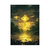 CUDAOO Cuadro sobre Lienzo Jesús Cristo Cruz, Luz sagrada de cortina de lluvia para sala de estar, dormitorio,arte de pared para oficina - 20x30cm Sin marco(Dorado)