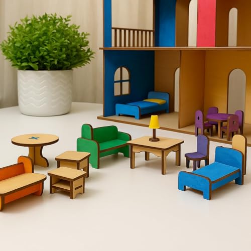 Image of DIY Wooden Doll House with Furniture for Kids | Assemble, Paint and Play with Your Wooden Doll House! DIY peg Doll Pair | Raksha bandhan Gift for Sister | Rakhi Gift