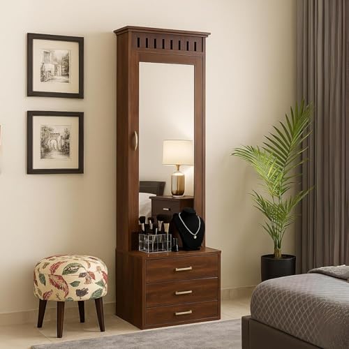 Image of Solid Sheesham Wood Dressing Table with Storage Mirror & 3 Drawers, & 1 Door Storage for Living Room Bedroom Wooden Make Up Vanities Dresser for Bedroom Home (Walnut Finish)