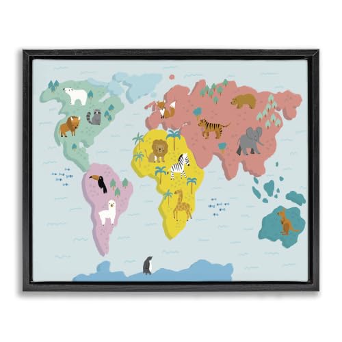 Whimsical Wildlife World Map, 25 x 31 Inch Canvas in Floater Frame