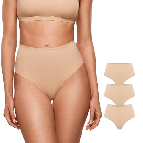 Image of INLYRIC Women's Inbarely Soft Thong - High Waisted Tagless Smooth Stretch Underwear Ultra-soft No Show Panties 3 Pack