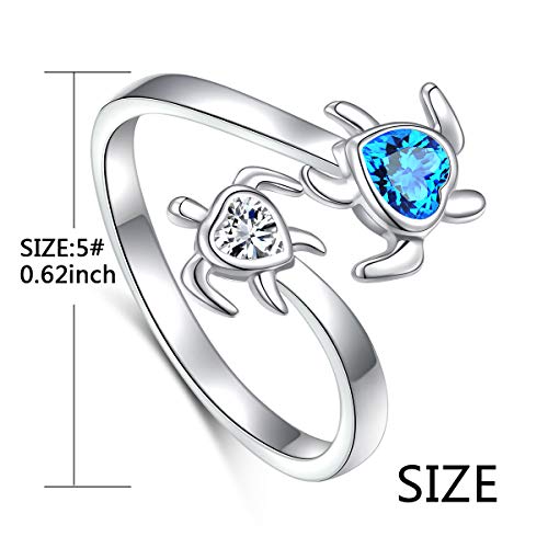 Ladytree S925 Sterling Silver Turtle Animal Open Ring Sea Turtle Heart CZ Adjustable Bypass Nature Ocean Ring3