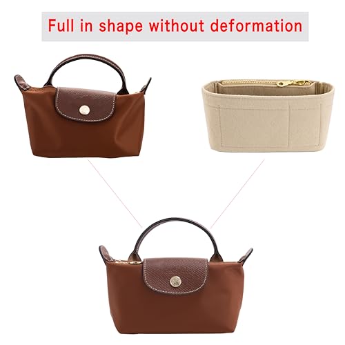 Image of Mini Purse Organizer Insert for Longchamp Le Pliage Mini Bags Felt Inner Bag Liner with Zipper Pocket, Lightweight Storage for Handbags, Blue